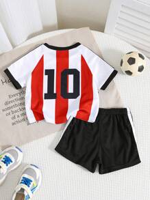 SHEIN Set de 2 piezas Conjunto de jersey deportivo a rayas y pantalones cortos para bebé, estilo deportivo para niños y niñas bebés, adecuado para interior, exterior, diario, deportes, juego, fiesta, sesión de fotos, vacaciones, partido, primavera/verano