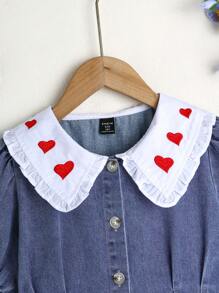 女童大码青少年水洗蓝色休闲修身俏皮心形刺绣牛仔连衣裙，简约时尚百搭设计适合日常穿着 - 中等水洗藍 - 查看 11
