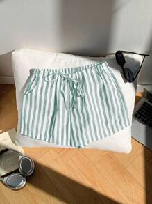 Comfortcana Plus Size Spring/Summer Drawstring Pocket Striped Casual Shorts Striped Shorts - Green - View 4