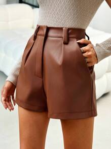 Lavishia Ladies' Solid Color Pleated Shorts Khaki Shorts
