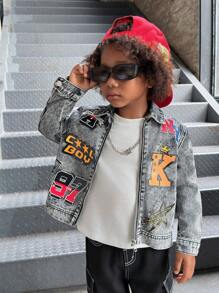 SHEIN Young Boy Letter Print Black Denim Lapel Long Sleeve Cardigan Jacket