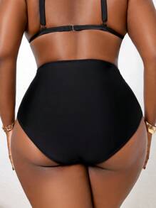 Slaydiva Plus Size High Waist Pleated Black Swim Shorts, Casual Bikini For Vacation For Summer - Black - View 2
