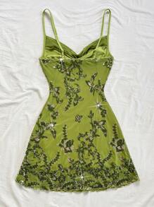 Soleia 女士花卉亮片装饰度假修身迷你连衣裙 - 綠色 - 查看 2