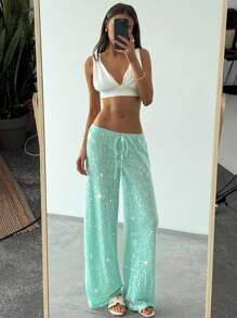 Aloruh Pantalones casuales y elegantes con cintura de cordón, parches brillantes y lentejuelas para mujer, ideales para vacaciones en la playa, estilo bohemio tropical, conciertos, festivales, country, Ibiza, Nashville, estilo occidental bohemio, streetwear tropical, Gyaru, verde menta, pantalones de lentejuelas frescos, otoño