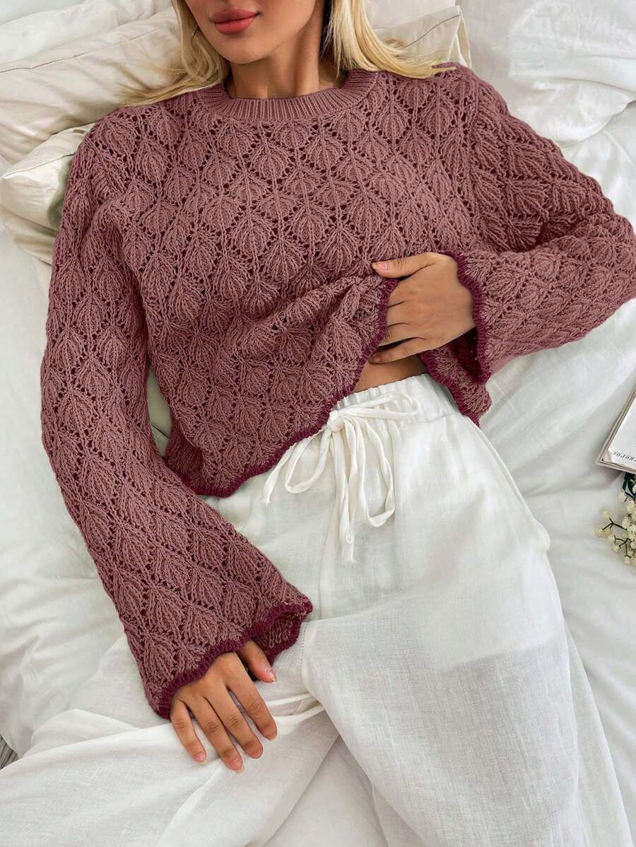 SHEIN Cottnline Women Pointelle Knit Round Neck Sweater With Striped Hem - Dusty Pink - View 1
