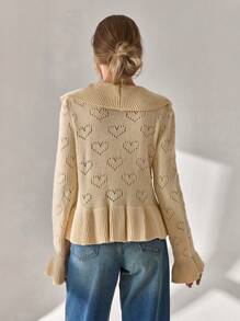 CLARA VERO Spring Autumn Casual Hollow Out Heart Shape Pattern Ruffle Pattern Tie Front Cardigan,Cardigans For Women,Cardigans,Winter Clothes - Apricot - View 2