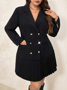 SHEIN Clasi Vestido de negocios y diario de doble botonadura con cuello de solapa para mujer de talla grande en unicolor