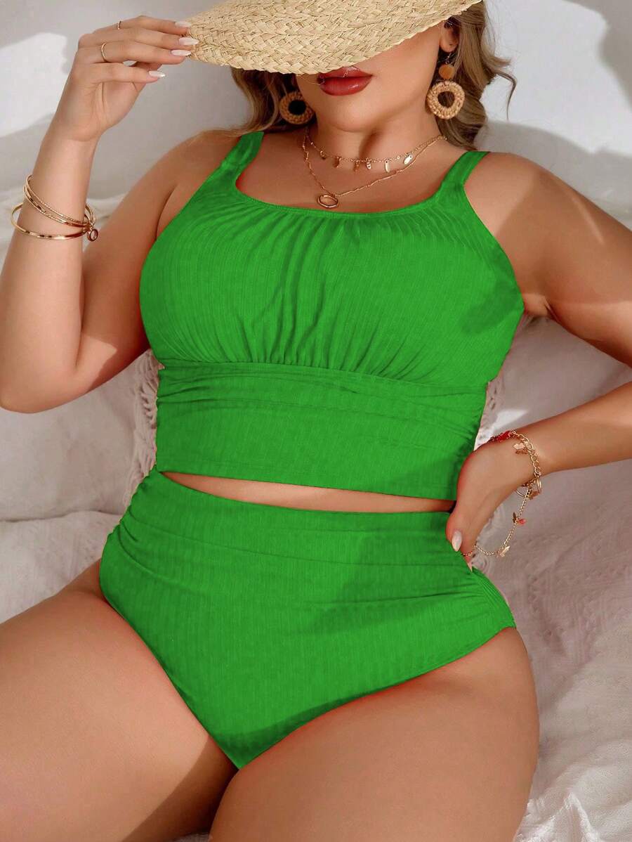 Swim Vcay Plus Size Women Summer Beach Solid Color Camisole Tankini Tankini Swimsuit Set