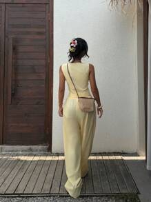 SHEIN EZwear 女士新款淡黄色亚麻吊带背心和裤子套装 - 黃色 - 查看 2