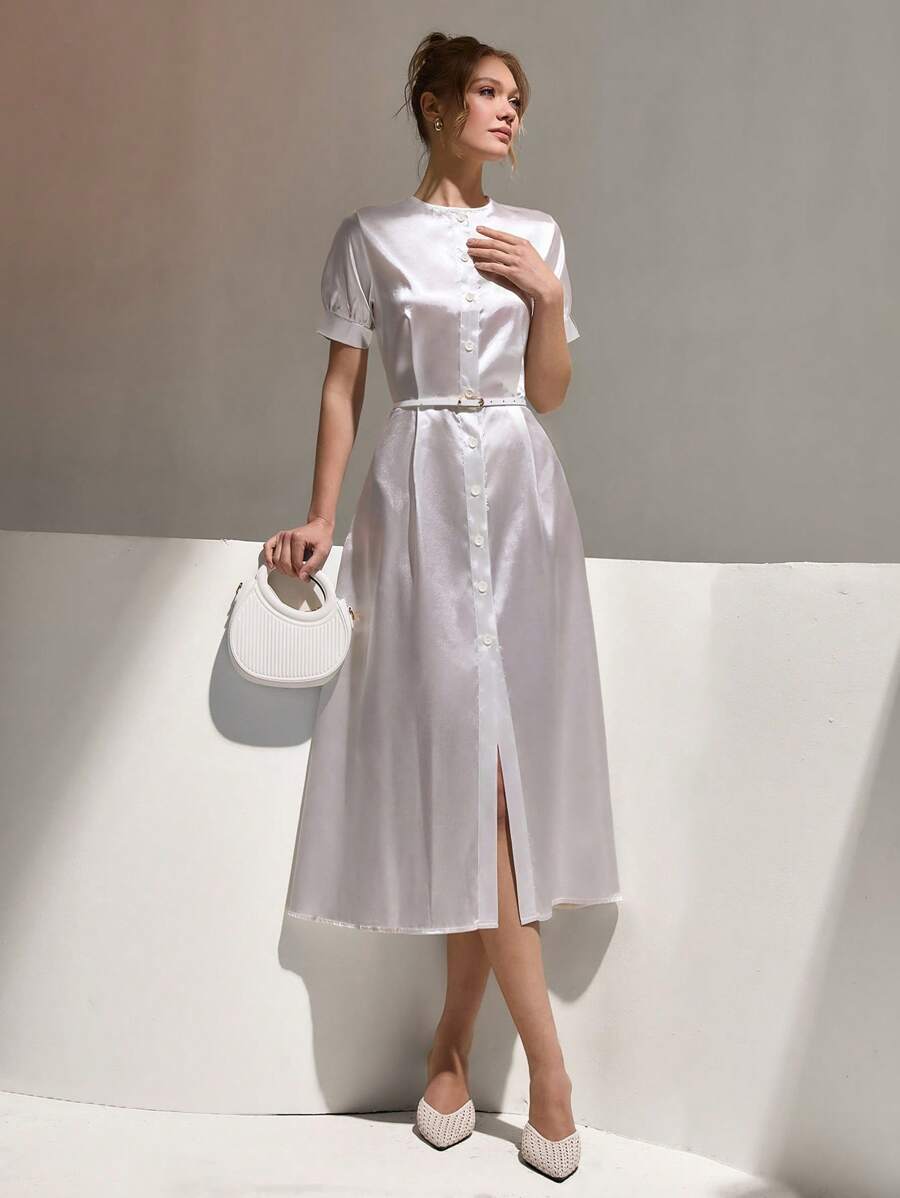 CLARA VERO Vestido largo de mujer con mangas abullonadas de satén