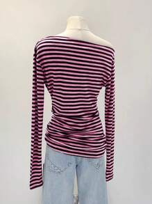 INAWLY Striped One Shoulder Long Sleeve T-Shirt, Asymmetrical Slim Fit Undershirt Fall Cloth For Women