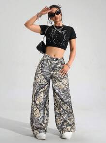 SHEIN EZwear Women Street Casual Tree Print Loose Fit Jeans