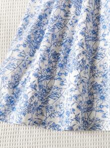 SHEIN 青少年女孩休闲日常度假蓝色碎花荷叶边松紧腰连衣裙 - 藍白色 - 查看 4