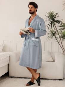 DAZY Men's Comfortable Drawstring Bathrobe, Blue, Spring/Summer Pajama