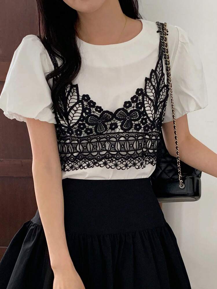 2 Pieces Contrast Lace Camisole And White Short Sleeve Women Blouse