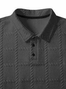 Manfinity Homme 男士提花面料纽扣门襟长袖 Polo 衫，春秋季，白色纽扣男士 Polo 衫男士休闲长袖衬衫，休闲上衣男士时尚上衣，秋季 - 深灰色 - 查看 4