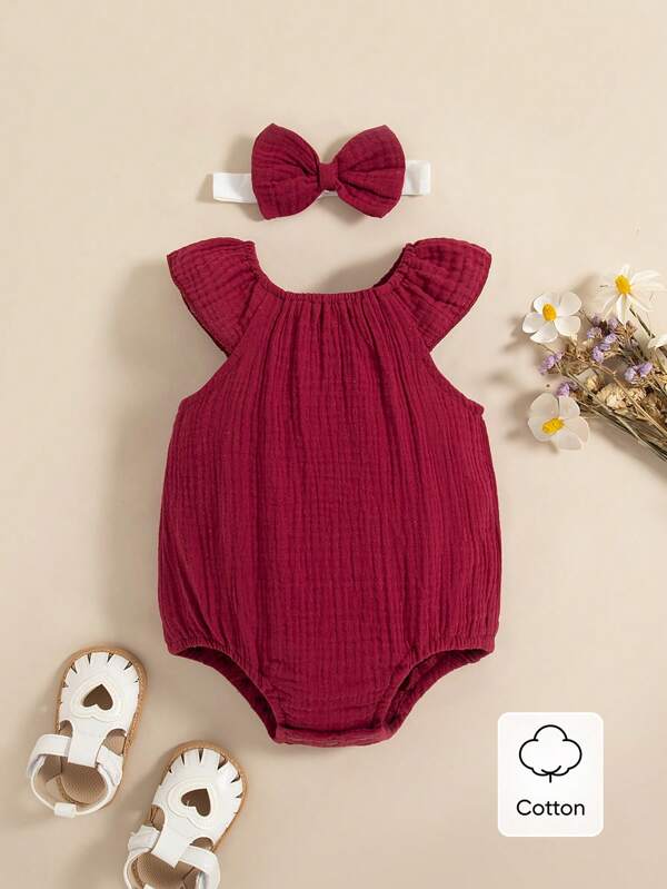 SHEIN Newborn Baby Summer Casual Solid Color Textured Romper
