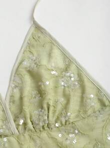 Sweetra Women's Short Sequins Embroidered Green Halter Neck Midriff Baring Versatile Tank Top - Green - View 3