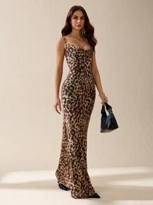 SHEIN Tall 女士长款休闲连衣裙，简约时尚豹纹吊带，日常穿着 - 棕色 - 查看 1