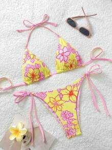 Soleia Set de 2 piezas Bikini estampado floral con nudo delantero para mujer, para vacaciones - Multicolor - Ver 1