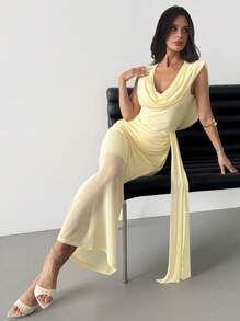 Firerie 女士新款简约优雅节日派对鸡尾酒舞会礼服露背连衣裙，黄色，交叉领口，腰部荷叶边设计，喇叭袖，修身连衣裙，夏季 - Butter Yellow - 查看 2
