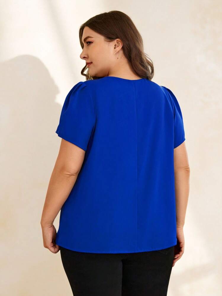 Plus Keyhole Neck Short Sleeve Fold Pleated Top Office Attire For Women, Work Tops Carnival Women Look 2026 Vacation Summer Elegant Blouse