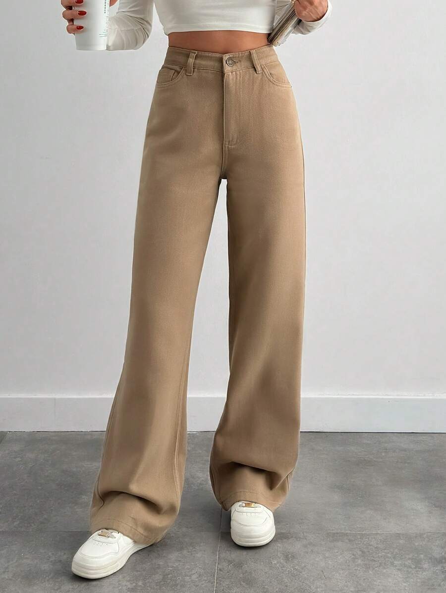 EURMUSE 100%Cotton Women's Solid Color High Waist Straight Leg Jeans - Mocha Brown - View 1