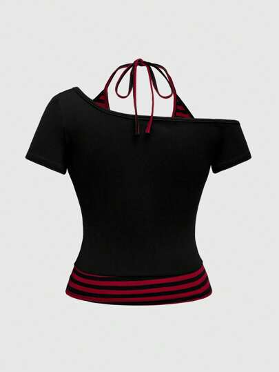 J-Fashion Plus Size Women Street Casual Punk Asymmetrical Shoulder Halter Top