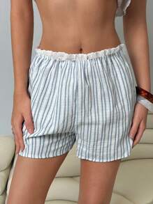 Roylia Women's Waist With Ruffle Trim Striped Shorts - Blue and White - View 4