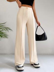 SHEIN EZwear Classical Apricot High Waist Seam Detail Straight Leg Pants - Apricot - View 5