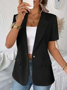 SHEIN LUNE Blazer estilo INS para mujer, primavera y verano, ropa de trabajo y casual en otoño/invierno, casual - Negro - Ver 4