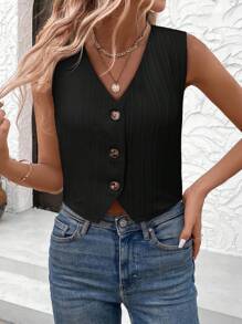 SHEIN LUNE Blusa casual y de trabajo con cuello en V, abotonada, bajo asimétrico y tela con estampado de olas, look elegante para mujeres. Blusa negra de cuello en V, blusa negra de verano, blusa negra sin mangas, chaleco negro, blusa negra linda