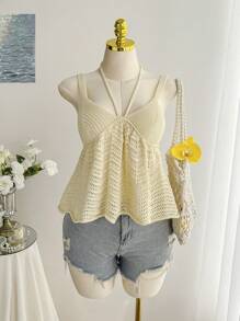 Comfortcana Plus Size Yellow Hollow-Out Knit Top, Suitable For Summer Vacation - Yellow - View 4