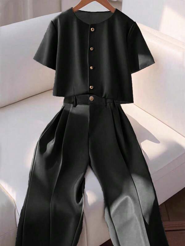 Franclia 2pcs Set Women High-End Round Neck Short Sleeve Shirt And Casual Pants