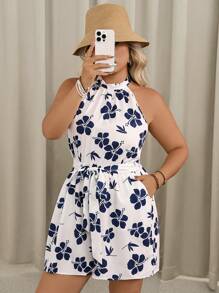 SHEIN VCAY Plus Size Color Contrast Printed Jumpsuit - Blue and White - View 4