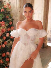 Glamrae Elegant Luxurious Jacquard Satin Puff Sleeve Maxi Dress With High Slit And Train, Suitable For Wedding, Party, Honeymoon, Formal Events,Graduation,Teacher Outfits For Women,Teacher Dress - Beige - View 2