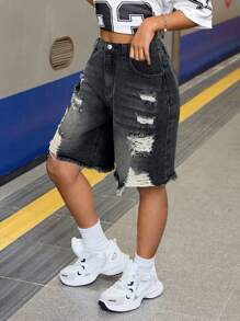 SHEIN Tween Girl Y2K 高腰宽松破洞柔软牛仔百慕大短裤，带毛边下摆，夏季骑行短裤，波西米亚风海滩音乐会狂欢节，女孩可爱夏季短裤毕业 - 灰色 - 查看 3