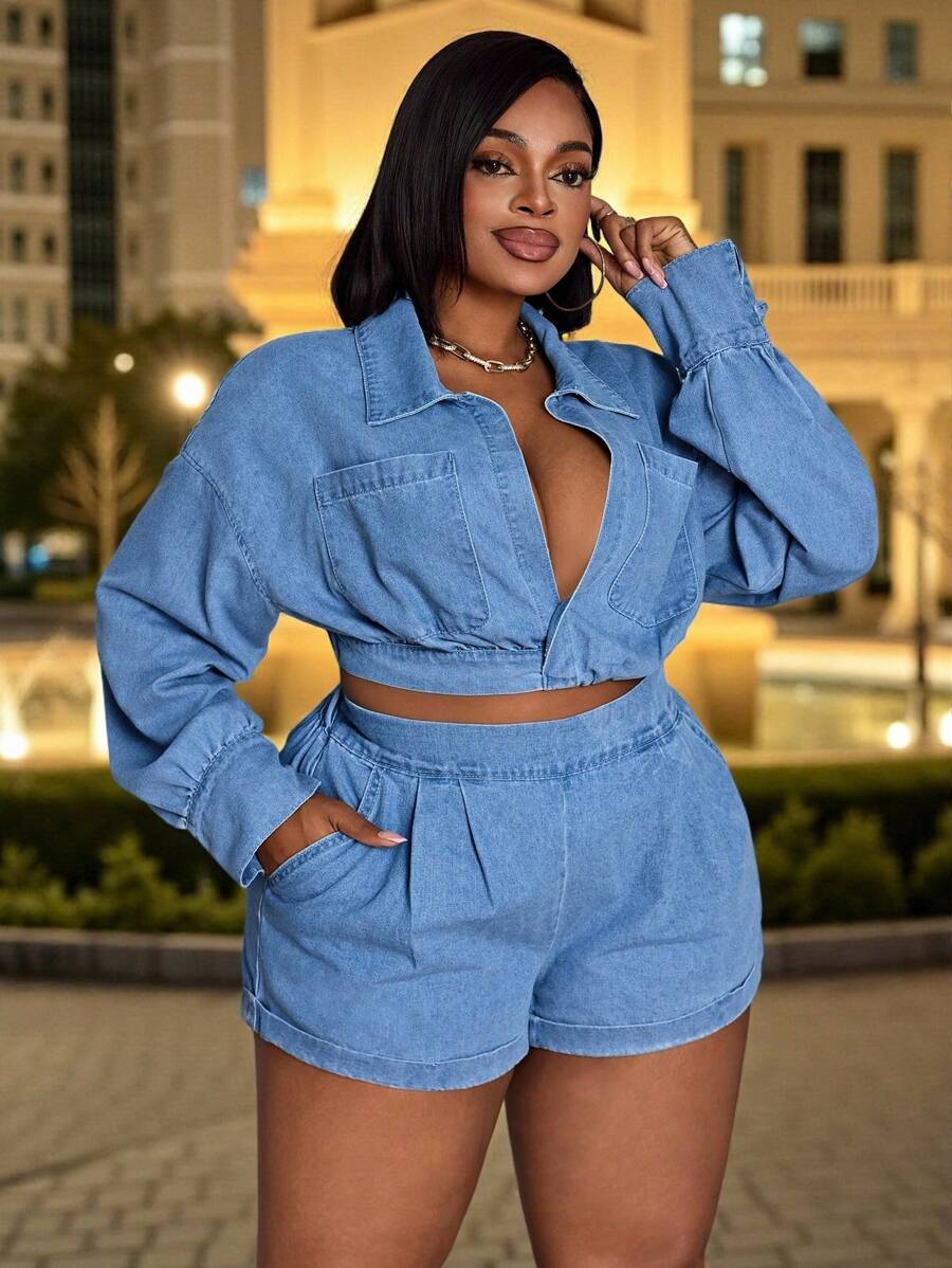 Slaydiva 大码女式浅蓝色牛仔短款上衣，弹性后背，性感长袖牛仔衬衫