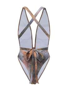 SHEIN Swim 2pcs Women Summer Beach Vacation Metallic Star Decor Ruffle Hem Random Print Backless Halter One Piece Swimsuit - Multicolor - View 6
