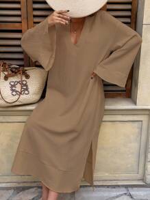 INAWLY Mid-Length Solid Color Long Sleeve Dress, Fashionable For Summer - Khaki - View 6