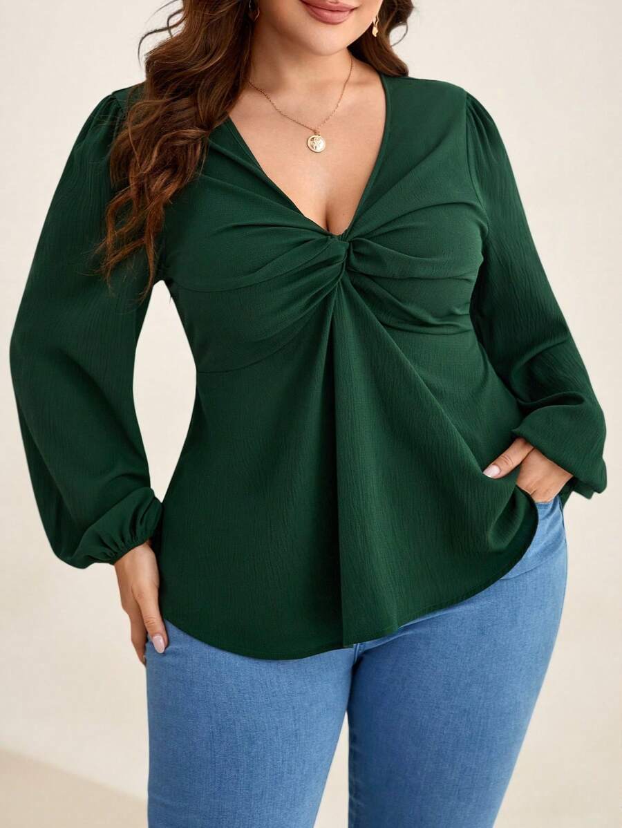 SHEIN Clasi 加大扭纹前灯笼袖衬衫 - 墨綠色 - 查看 1