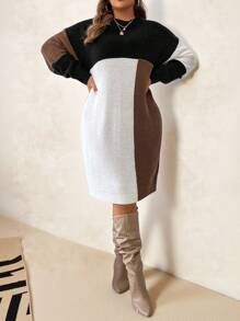 SHEIN Clasi Váy len ấm áp mùa thu đông cổ tròn tay dài xếp ly màu thanh lịch cỡ lớn cho nữ, trang phục công sở, váy dự tiệc cưới mùa thu, - Nhiều màu - Xem 4