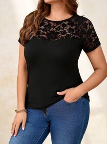 SHEIN Clasi Plus Size Elegant Ronde Hals Contrast Kant Dames Zomer T-shirt, Zomer Tops, Casual Dagelijkse Kleding, Zwarte Shirts, Kant Tops, Elegante Tops Voor Vrouwen, Casual Tops Voor Vrouwen, Tops Dames Tops, Elegant