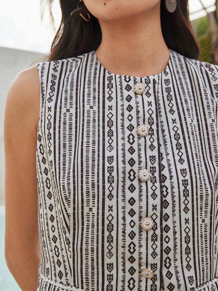 Women's Summer Casual Bohemian Style Striped & Diamond Pattern Knit Vest & Straight Leg Pants 2pcs Outfit Set Business Casual Woman Work Clothes