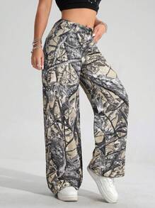 SHEIN EZwear Women Street Casual Tree Print Loose Fit Jeans