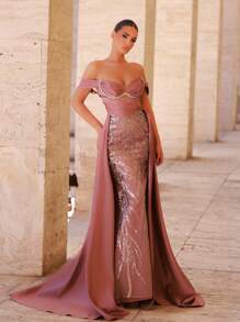 Glamrae Elegant Luxurious Embroidered Beaded Lace Splice Satin Fishtail Maxi Dress With Extra Wide Flared Hem, One Shoulder, Suitable For Wedding, Party, Prom, Vacation, Banquet (Heavy Embellishment),Graduation,Teacher Outfits For Women,Teacher Dress - Dusty Pink - View 7