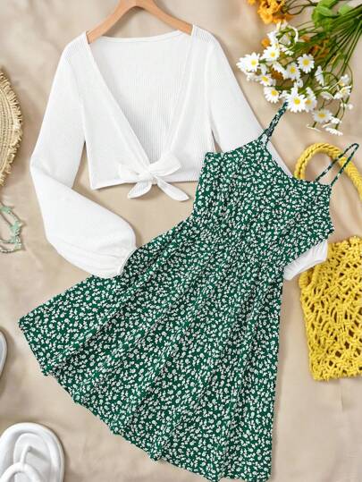 SHEIN Teen Girls 2 Pieces Set: White Knitted Cardigan With Bowknot & Green Floral Cinched Waist A-Line Dress, Elegant Casual Outfit Suitable For Winter, Party, Holiday, Vintage, Boho Holiday Outfits
