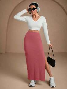 EURMUSE Women Solid Color Slit Detailed Tube Skirt - Dusty Pink - View 3