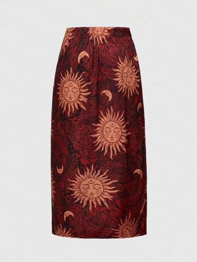 Hippie Plus Size Women Sun, Moon & Star Pattern Side Split Hem Casual Skirt