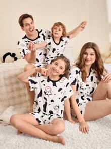 FamilyFrolics Damen Kuh-Muster Rundhals Kurz-Arm Pyjama Set (Top und Shorts)